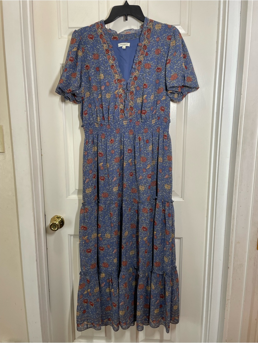Max Studio London Blue Floral Short Sleeve Maxi Dress with Ruffled V-Neck sizeXL